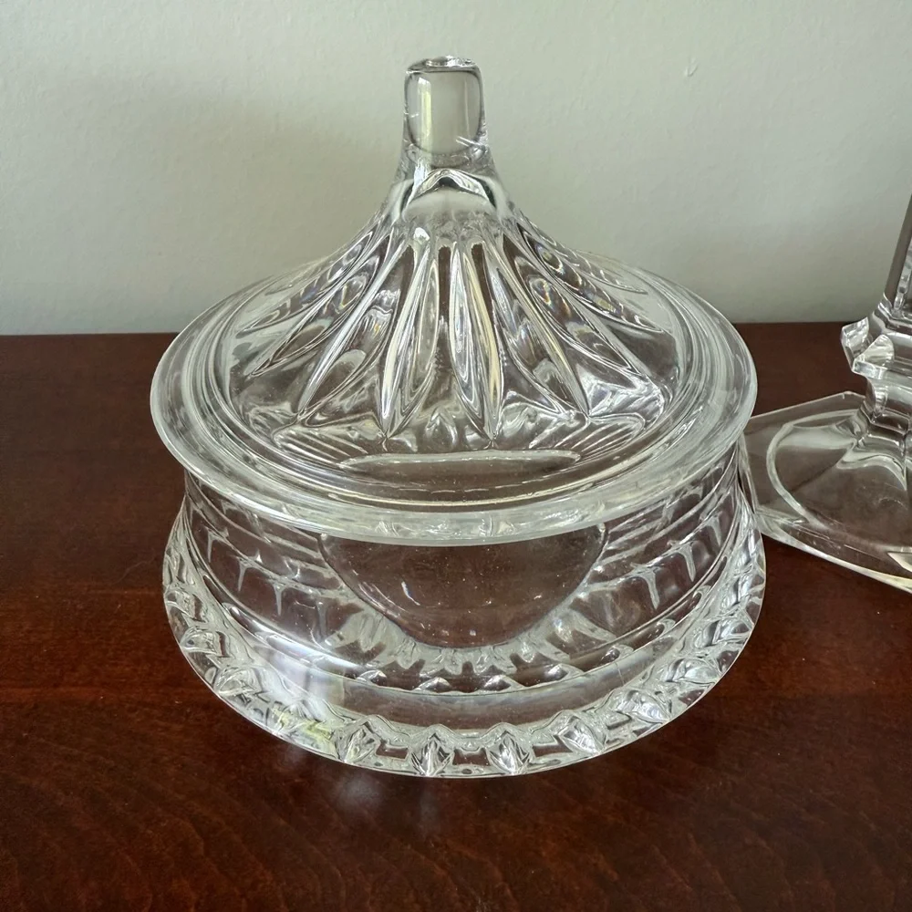 Beautiful‎ vintage glass pieces: canister and two candlestick holders